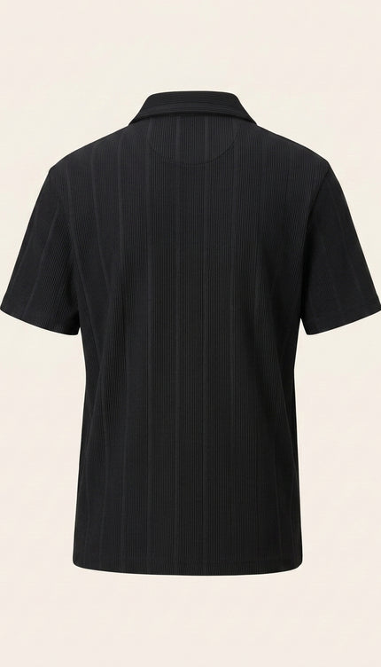 Relaxed Ribbed Zip Polo Shirt - Black - Back