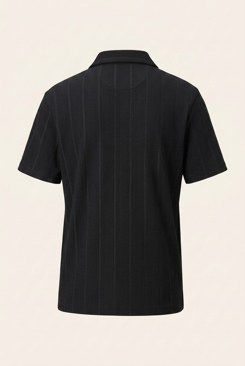 Relaxed Ribbed Zip Polo Shirt - Black - Back