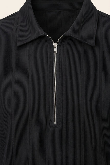 Relaxed Ribbed Zip Polo Shirt - Black - Detail