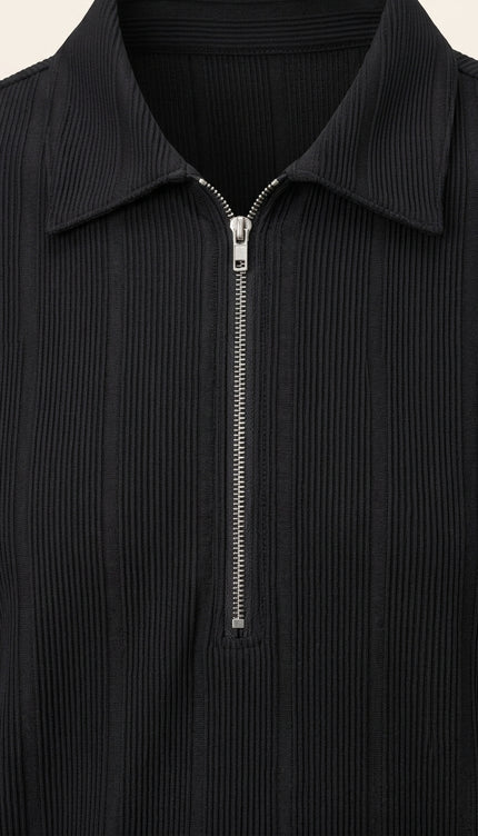 Relaxed Ribbed Zip Polo Shirt - Black - Detail