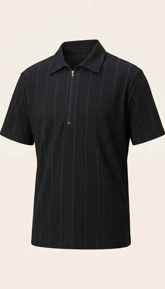 Relaxed Ribbed Zip Polo Shirt - Black - Front