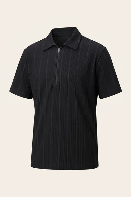 Relaxed Ribbed Zip Polo Shirt - Black - Front