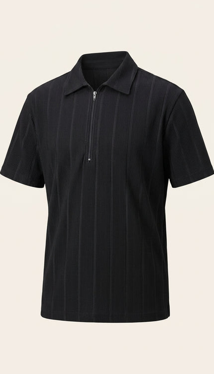Relaxed Ribbed Zip Polo Shirt - Black - Front