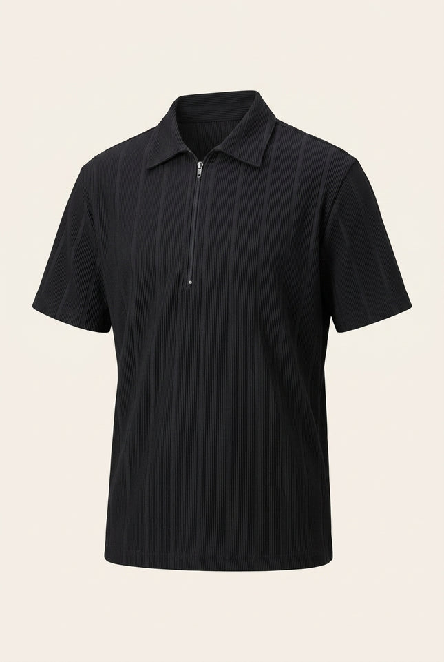 Relaxed Ribbed Zip Polo Shirt - Black - Front