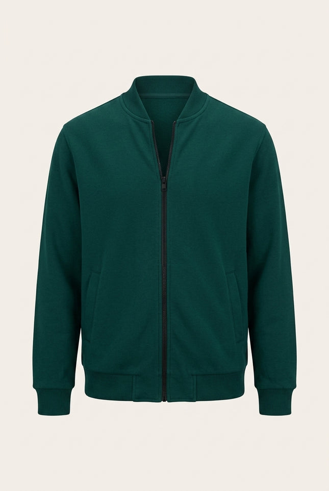Relaxed Unlined Varsity Zipper Jacket - Dark Green - Front