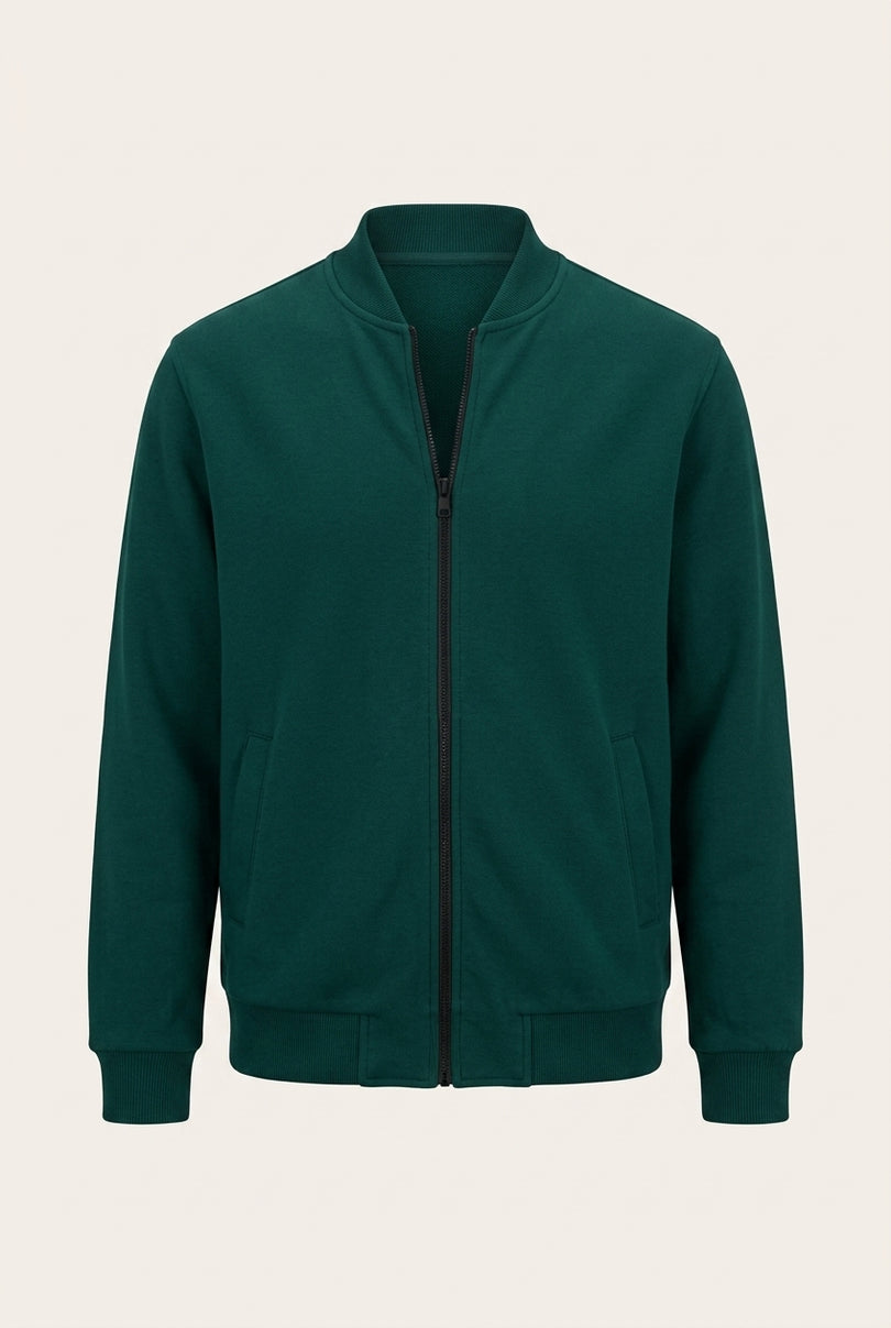 Relaxed Unlined Varsity Zipper Jacket - Dark Green - Front