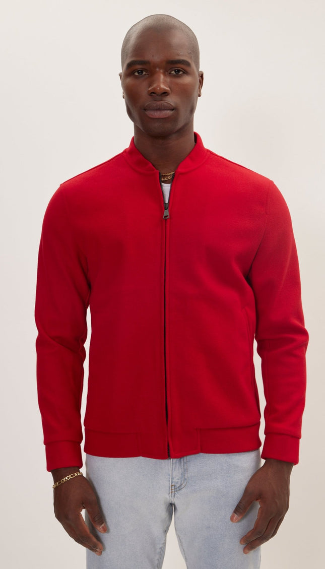 Relaxed Unlined Varsity Zipper Jacket- Red - Ron Tomson