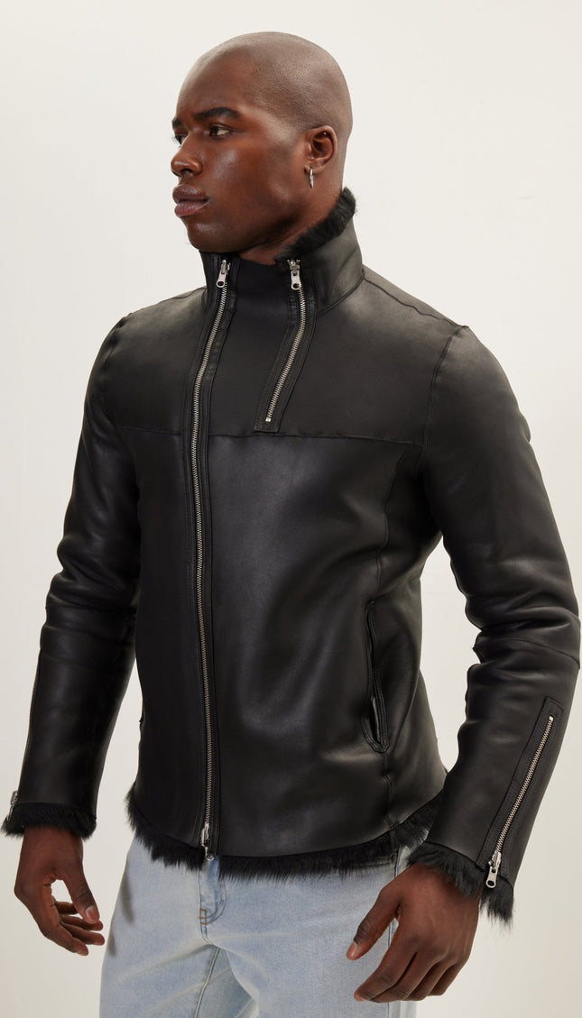Reversible Toscana Shearling Genuine Leather Jacket - Black - Ron Tomson