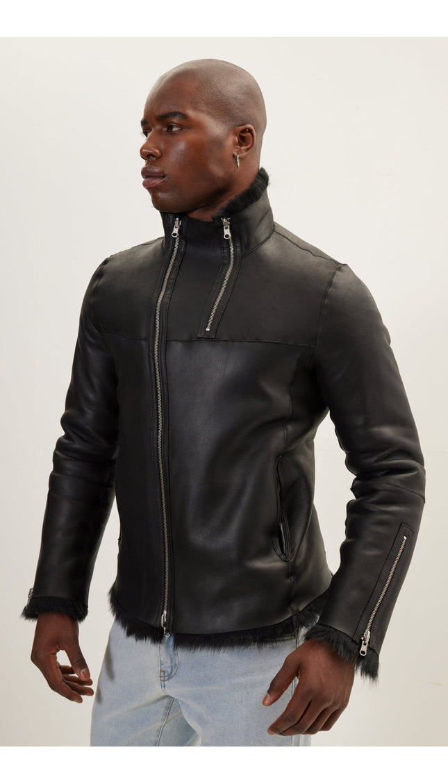 Reversible Toscana Shearling Genuine Leather Jacket - Black - Ron Tomson