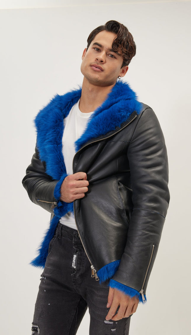 Reversible Toscana Shearling Genuine Leather Jacket - Black Navy - Ron Tomson