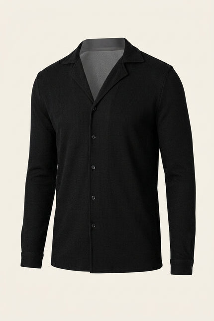 Ribbed Camp Collar Shirt - Black - Front