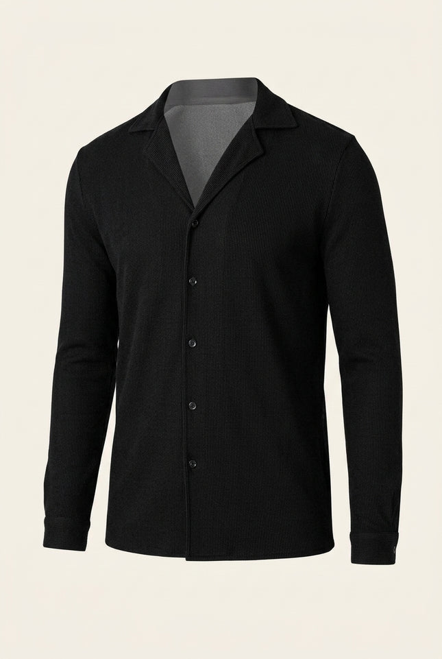 Ribbed Camp Collar Shirt - Black - Front