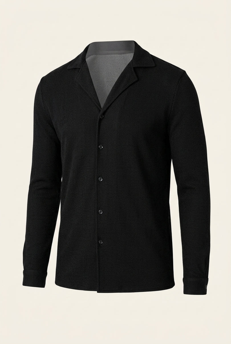 Ribbed Camp Collar Shirt - Black - Front