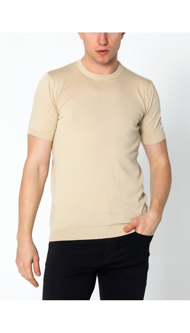 Ribbed Crew-Neck Fitted T-shirt - Beige - Ron Tomson
