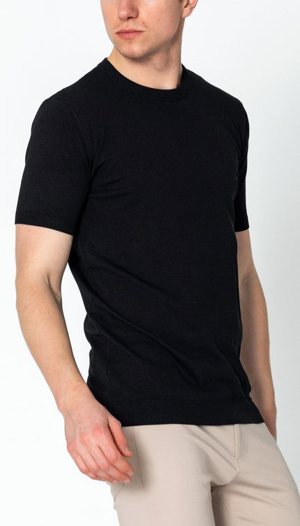 Ribbed Crew-Neck Fitted T-shirt - Black - Ron Tomson