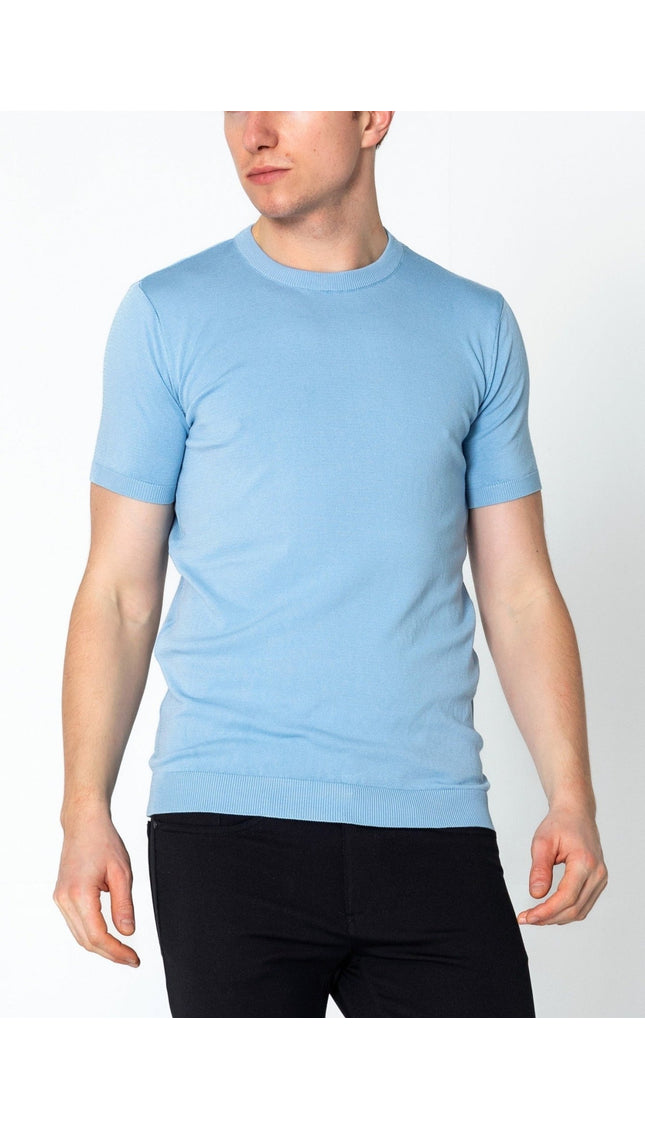 Ribbed Crew-Neck Fitted T-shirt - Blue - Ron Tomson