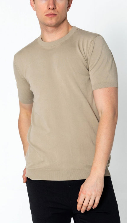 Ribbed Crew-Neck Fitted T-shirt - Dark Beige - Ron Tomson