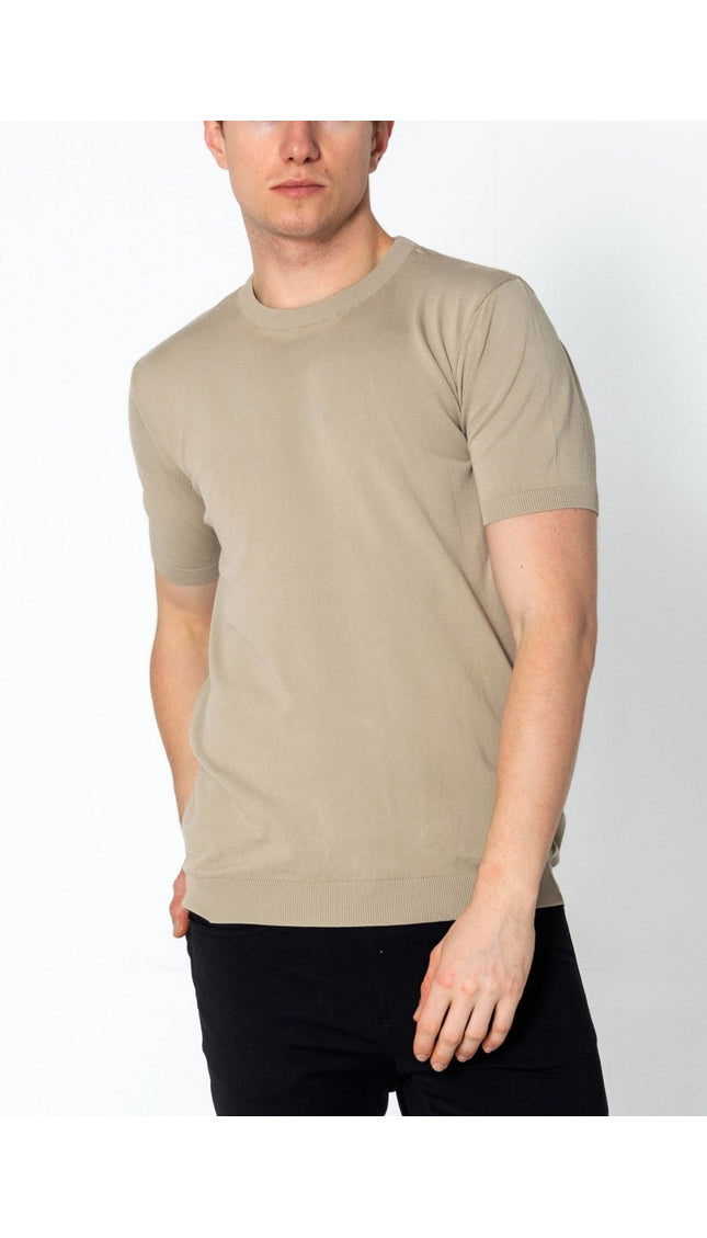 Ribbed Crew-Neck Fitted T-shirt - Dark Beige - Ron Tomson