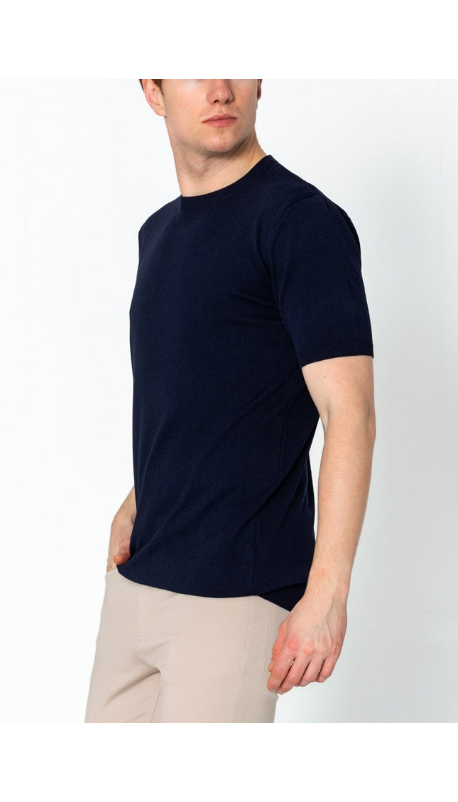 Ribbed Crew-Neck Fitted T-shirt - Navy - Ron Tomson