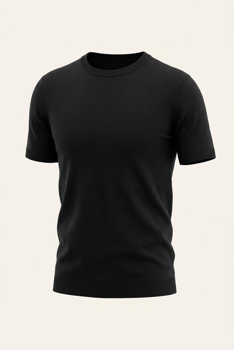 Ribbed Crew-Neck T-shirt - Black - Front