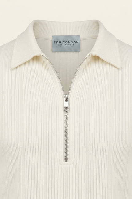 Ribbed Half-Zip Polo Top - Off-White - Detail