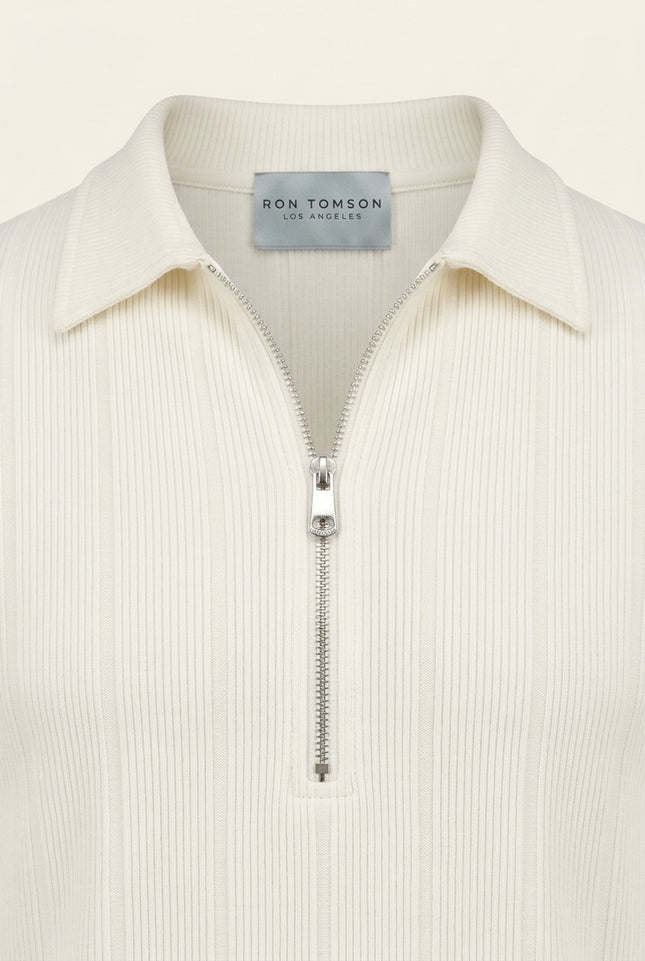 Ribbed Half-Zip Polo Top - Off-White - Detail