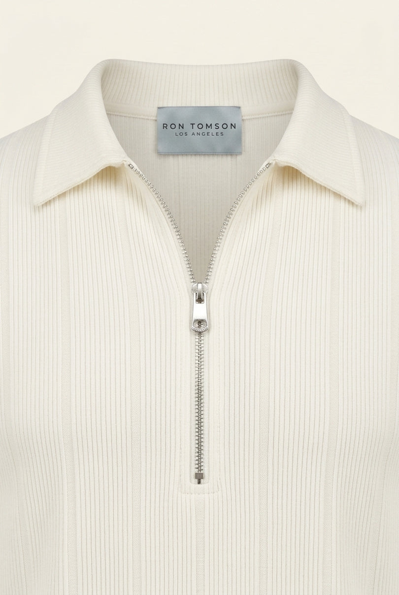 Ribbed Half-Zip Polo Top - Off-White - Detail