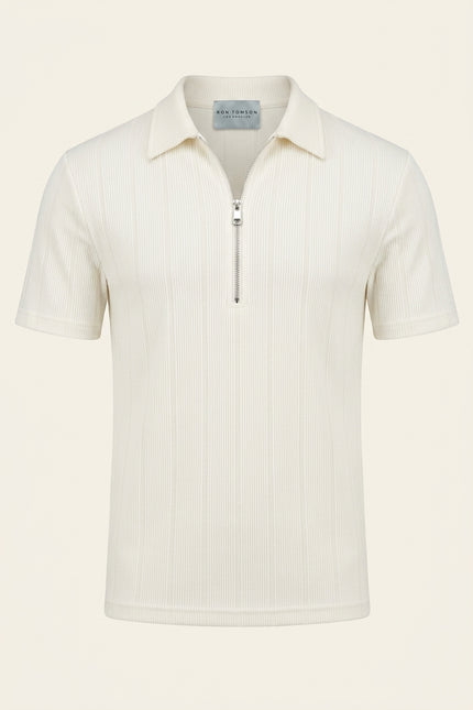 Ribbed Half-Zip Polo Top - Off-White - Front
