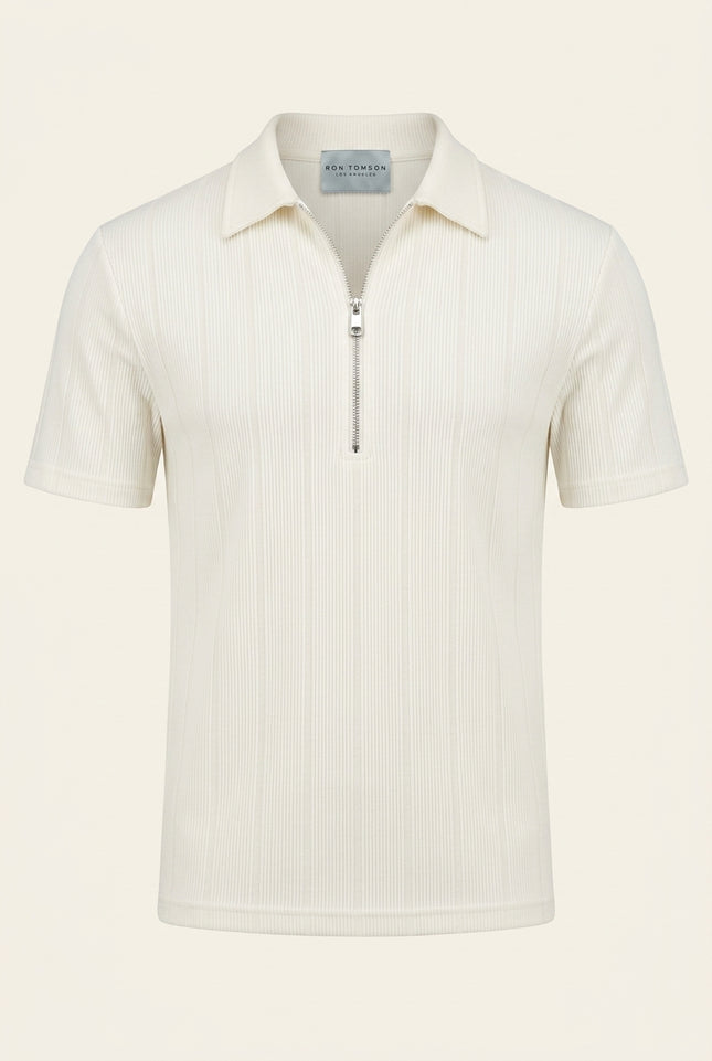 Ribbed Half-Zip Polo Top - Off-White - Front