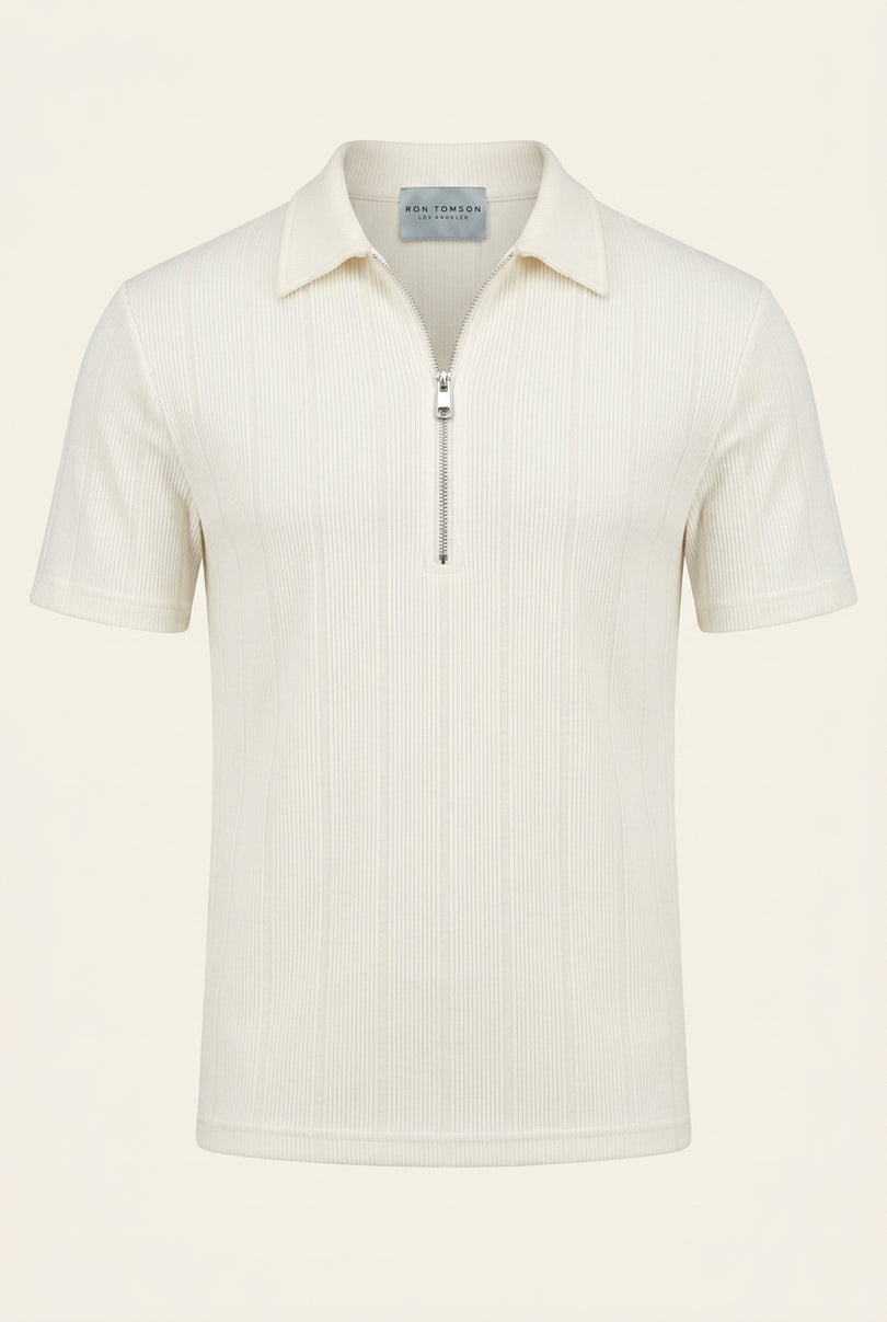 Ribbed Half-Zip Polo Top - Off-White - Front