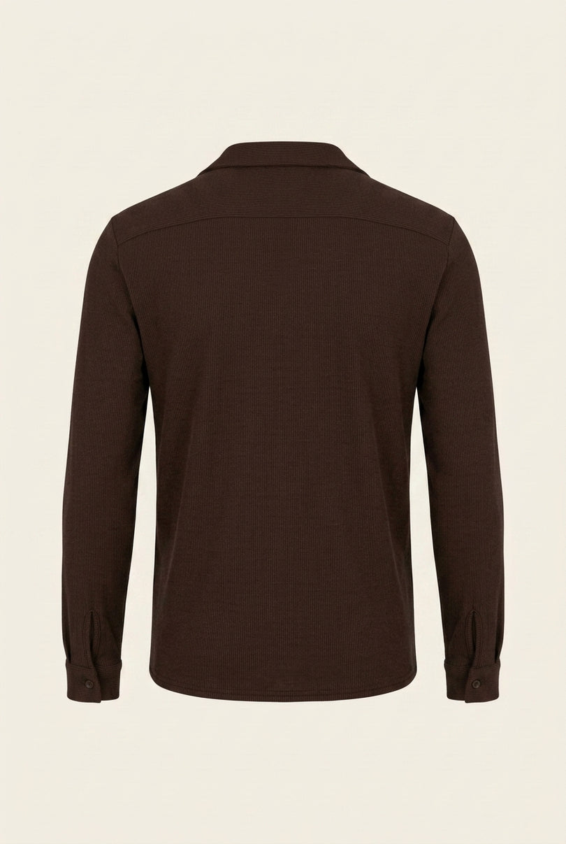 Ribbed Knit Long Sleeve Shirt - Brown - Back