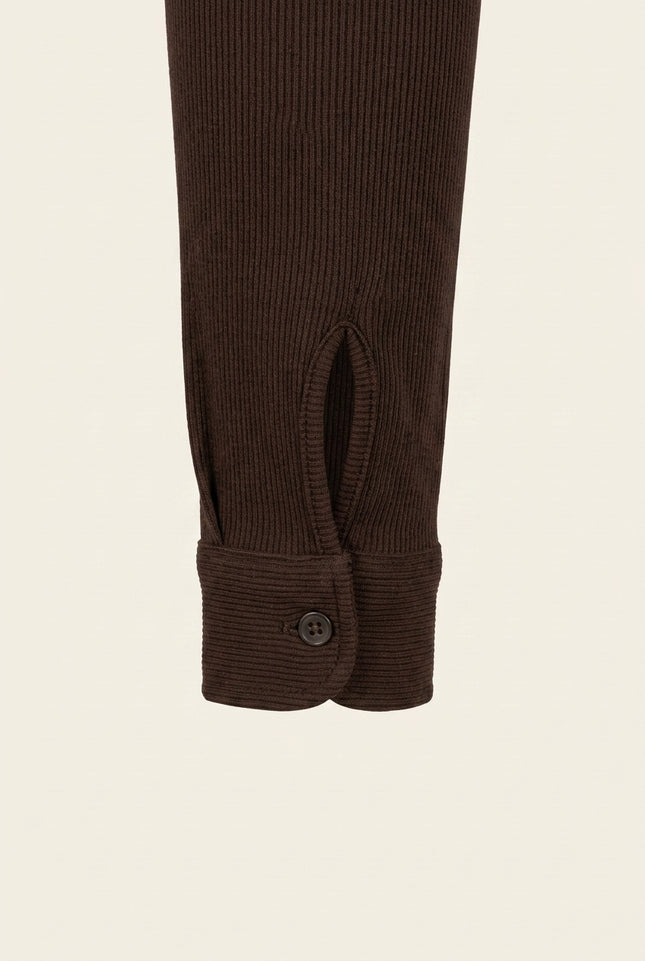 Ribbed Knit Long Sleeve Shirt - Brown - Detail