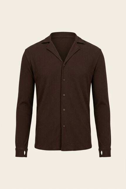 Ribbed Knit Long Sleeve Shirt - Brown - Front