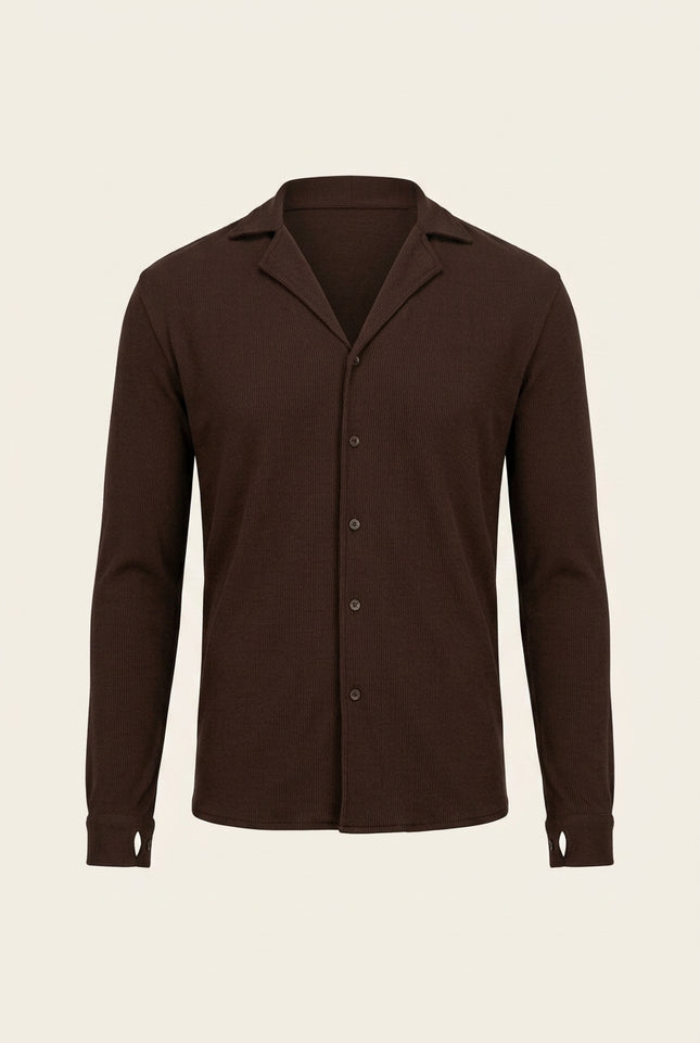 Ribbed Knit Long Sleeve Shirt - Brown - Front