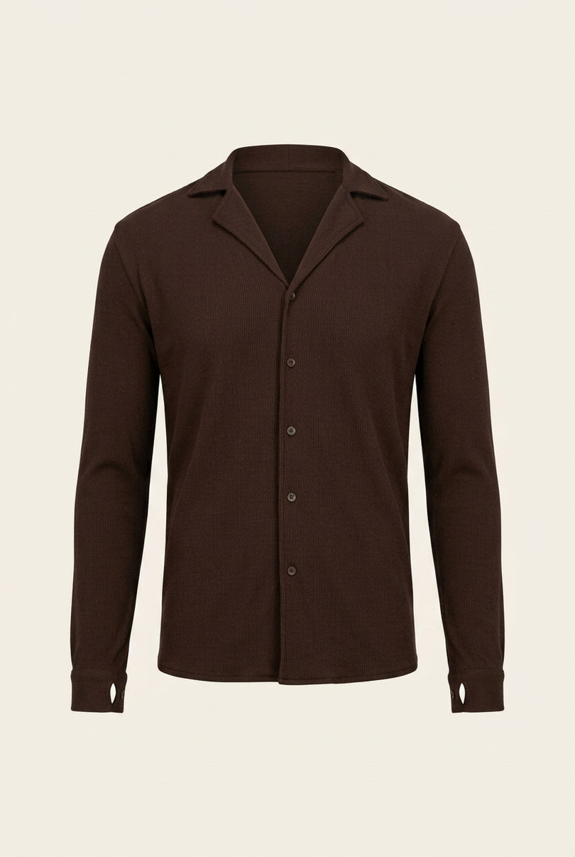Ribbed Knit Long Sleeve Shirt - Brown - Front