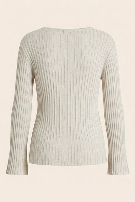Ribbed Knit Long Sleeve Top - Off-White - Back