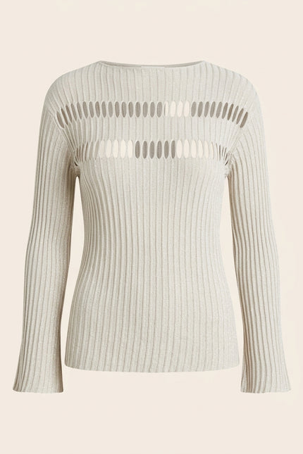 Ribbed Knit Long Sleeve Top - Off-White - Front