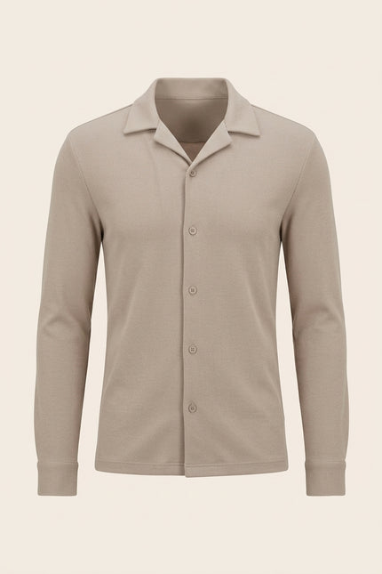 Ribbed Knit Resort Shirt - Dark Beige - Front