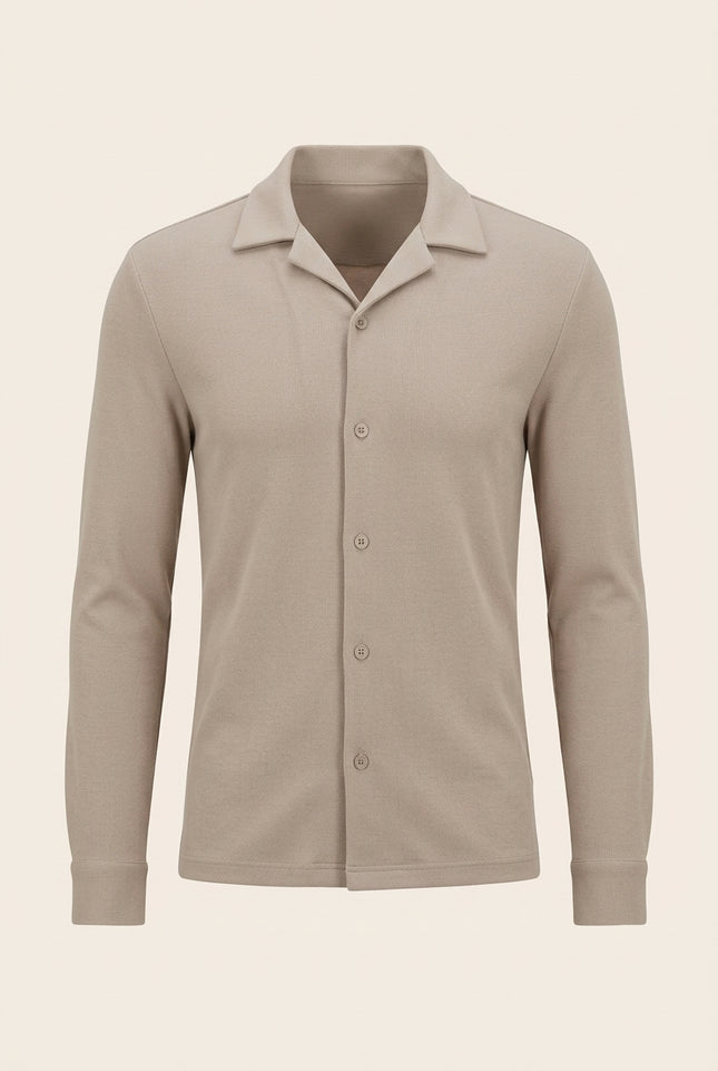 Ribbed Knit Resort Shirt - Dark Beige - Front