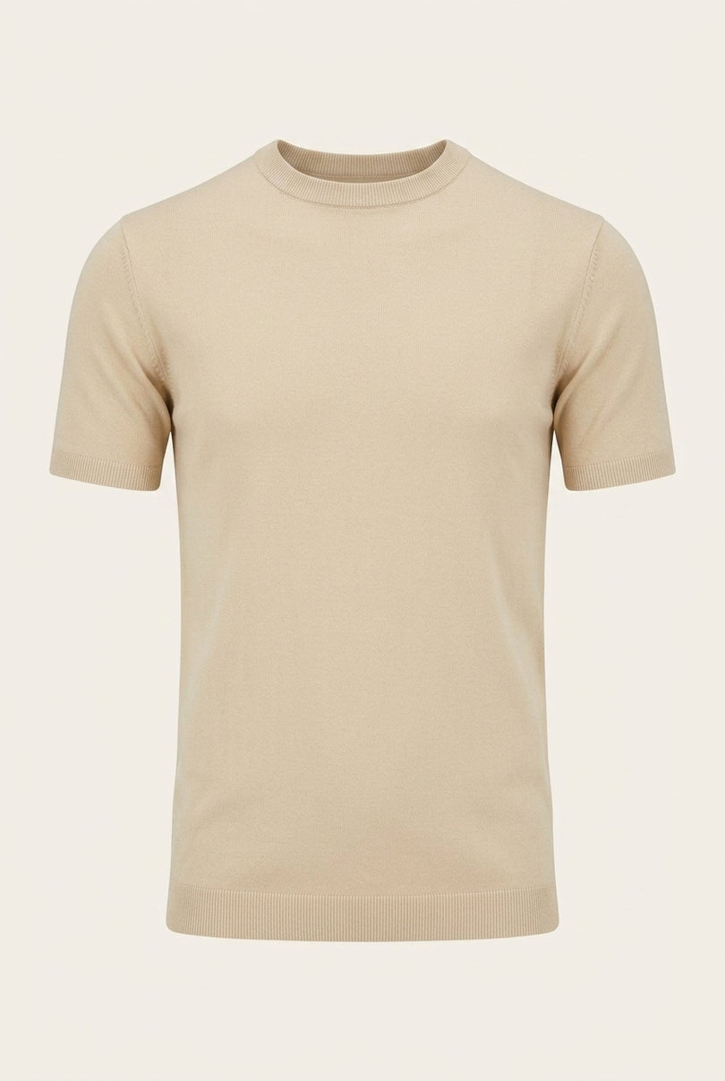 Ribbed Knit T-shirt - Beige - Front