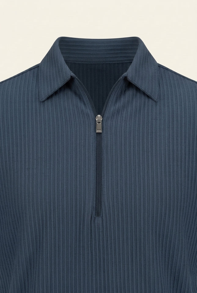 Ribbed Polo Shirt - Navy - Detail