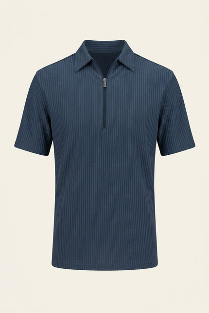 Ribbed Polo Shirt - Navy - Front