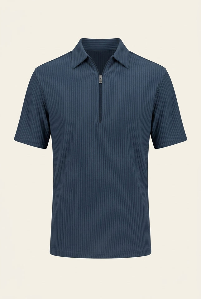 Ribbed Polo Shirt - Navy - Front