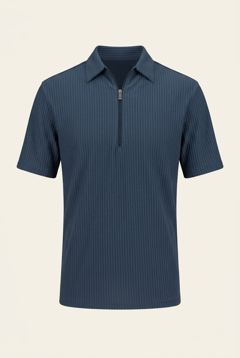 Ribbed Polo Shirt - Navy - Front