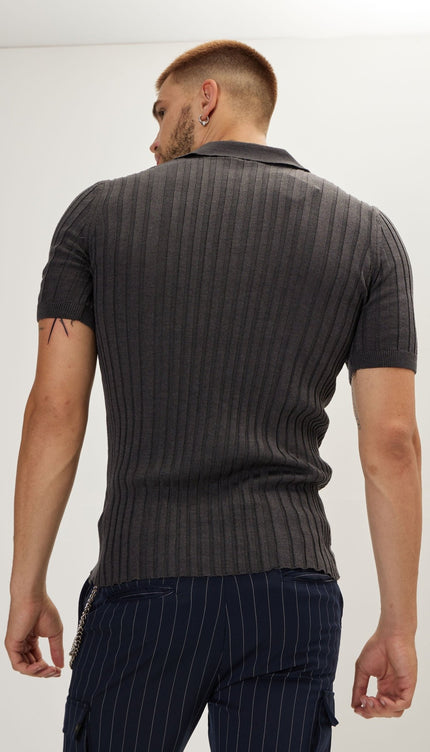 Ribbed Short Sleeve Polo Neck T - Shirt - Anthracite - Ron Tomson