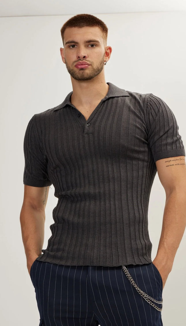 Ribbed Short Sleeve Polo Neck T - Shirt - Anthracite - Ron Tomson