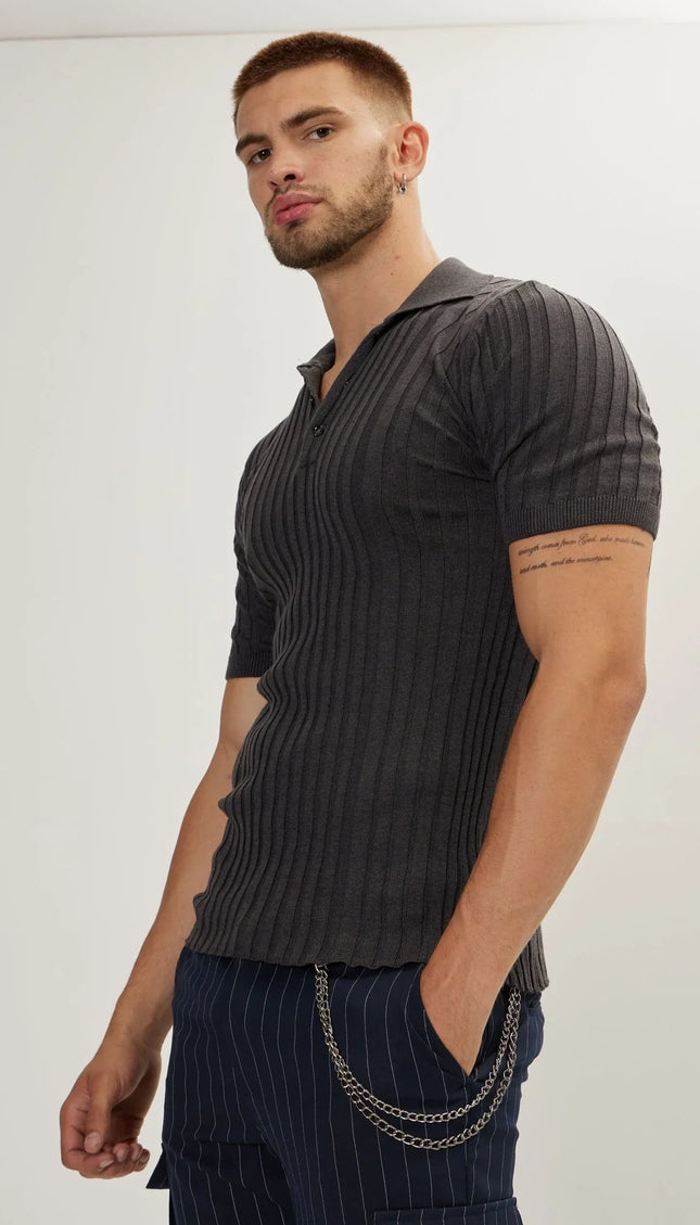 Ribbed Short Sleeve Polo Neck T - Shirt - Anthracite - Ron Tomson