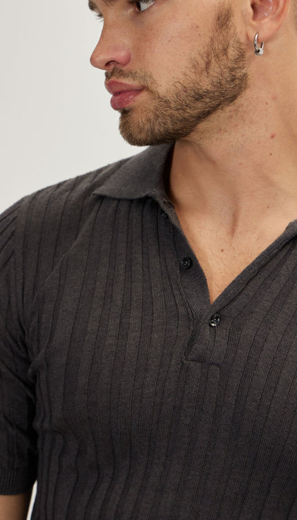 Ribbed Short Sleeve Polo Neck T - Shirt - Anthracite - Ron Tomson