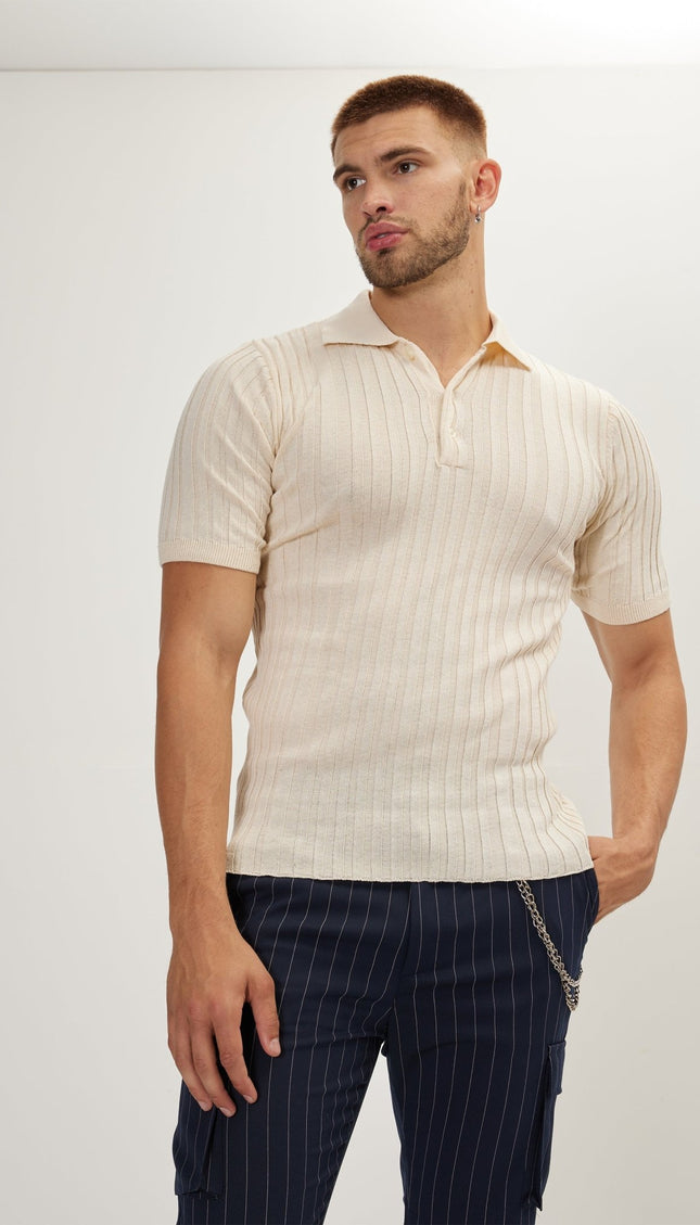 Ribbed Short Sleeve Polo Neck T - Shirt - Beige - Ron Tomson
