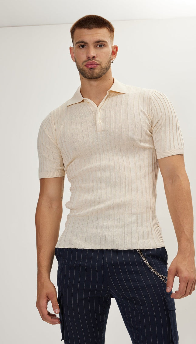 Ribbed Short Sleeve Polo Neck T - Shirt - Beige - Ron Tomson